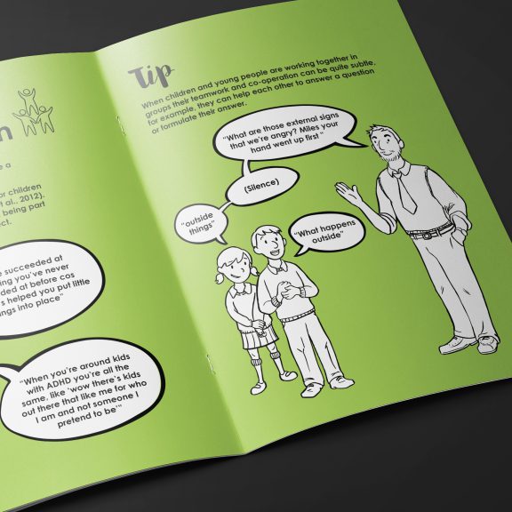 Illustration of adults and children having a conversation about ADHD. Part of a booklet for ADHD solutions.
