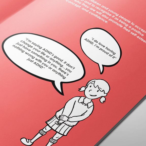 Print book design with an illustration for ADHD Solutions, a charity working with children, based in Leicestershire.