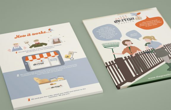 Illustration and design for printed material for The Great British Website, an ecommerce website selling British food and produce.