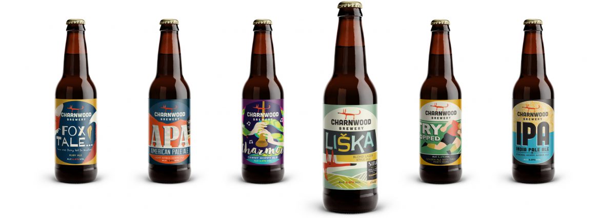 Charnwood Brewery beers lined up in a row. Featuring; Fox tale, APA, Charmer, Liska, Try Hopped and IPA.