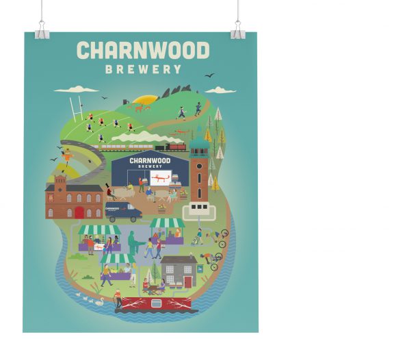 Illustrative Charnwood Brewery Poster showcasing the brewery, local pubs and customers.
