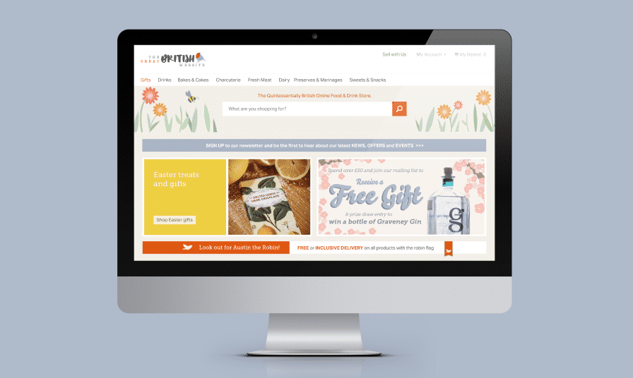 Brand identity and web design for The Great British Website, an ecommerce website selling British food and produce.