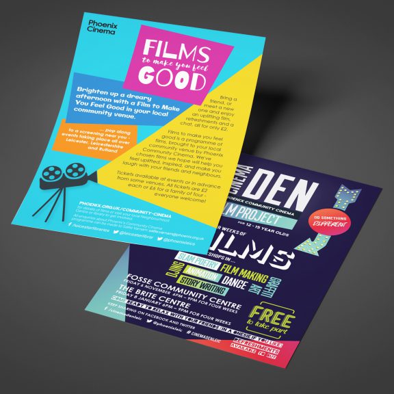 Two leaflets for Phoenix cinemas; films to make you feel good and cinema den.