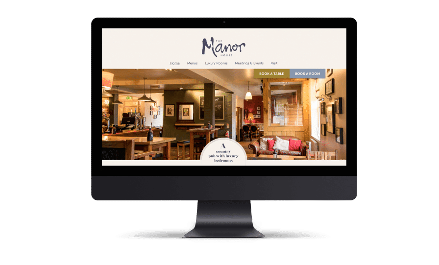 Website design for The Manor House restaurant with rooms in Quorn - showcasing the homepage, and a photograph of the bar.