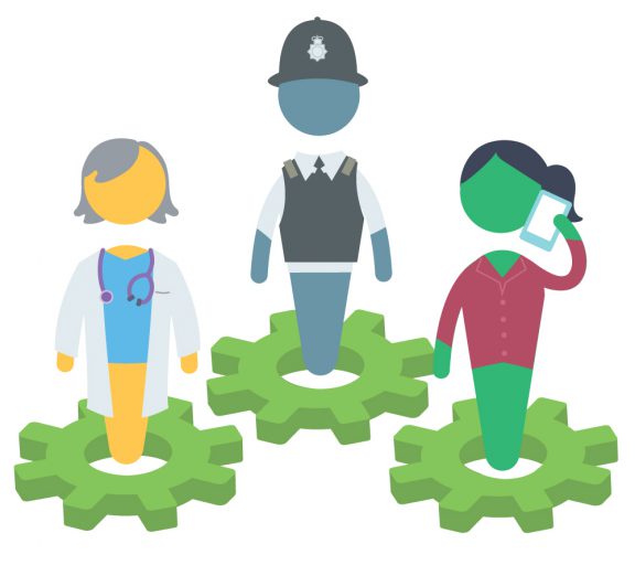 Users for the National Counter Trafficking service at Barnardo's ; a policeman, a doctor and a social worker.