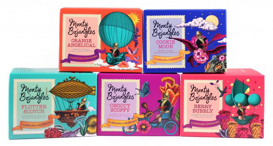 Collage illustration style for Monty Bojangles, chocolate truffles