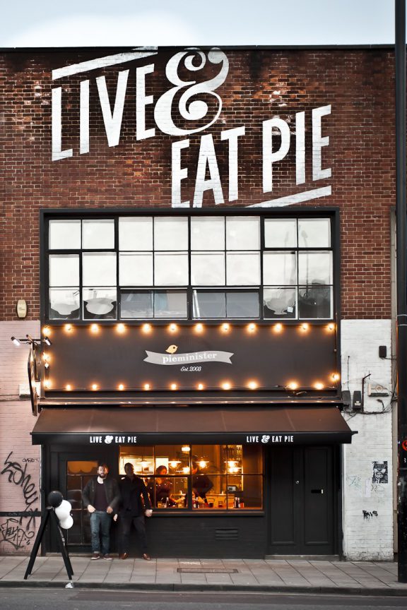 Pieminister shop, Live and Eat pie plastered on the frontage.