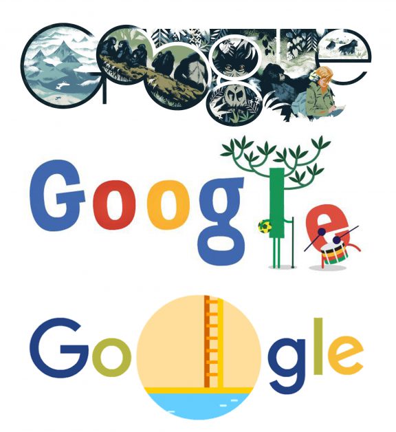 Google idents (the google doodle), changing in typography and illustration.