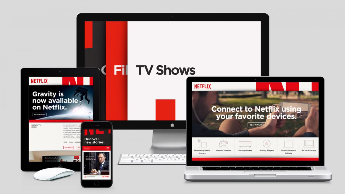 Netflix, a flexible brands - showcasing the difference on desktop, mobile and tablet.
