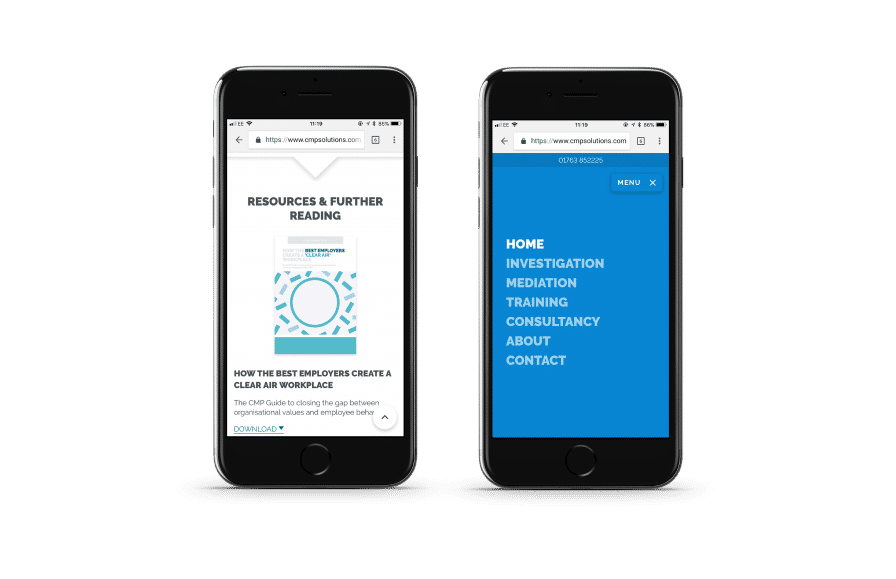 CMP mobile site with menu and resources