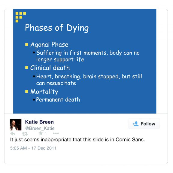 Slide about the phases of dying written in Comic Sans