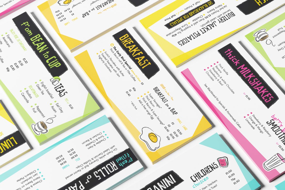 Menus for St Peter’s cafe in Loughborough; menus for breakfast, lunch, hot drinks and milkshakes.