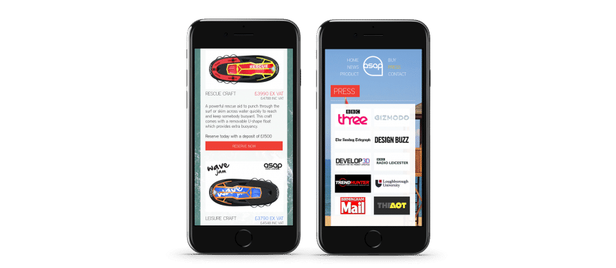 Press page and product page on the ASAP watercrafts website showcasing the Wave jam.