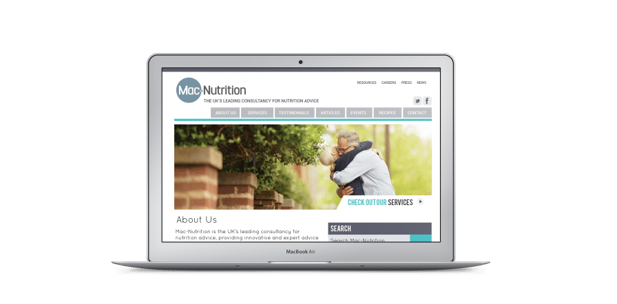 Mac Nutrition website on macbook, showing the about page.