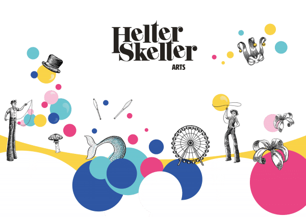 Helter Skelter brand including bubbles of colour and circus illustrations