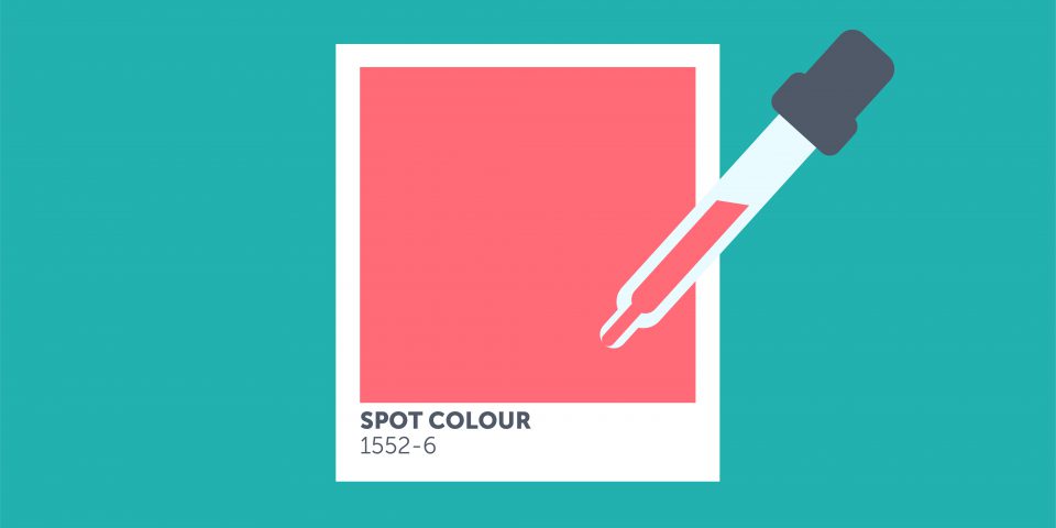 Design of a Pantone colour, which illustrates a spot colour being picked by the eyedropper tool in Photoshop or Illustrator.