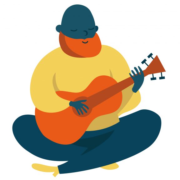 Playing a guitar on the Growing Younger book